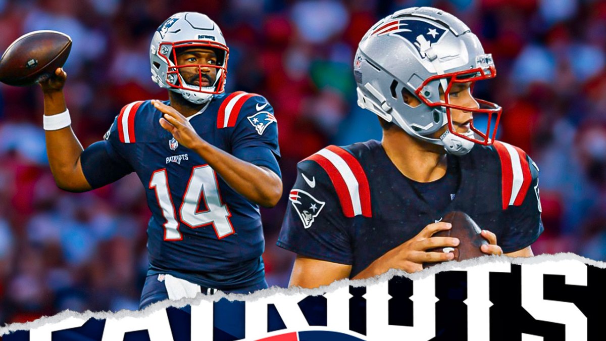 Drake Maye beside Jacoby Brissett both wearing football uniforms.