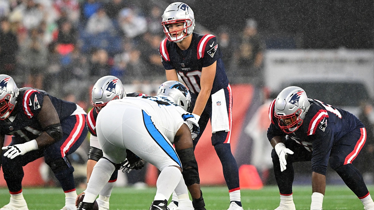 New England Patriots quarterback Drake Maye (10) lines up against the Carolina Panthers during the first half at Gillette Stadium. 