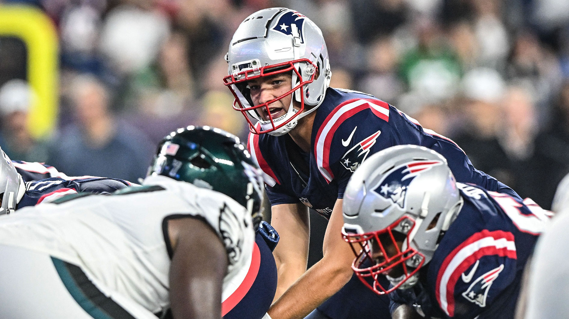 New England Patriots quarterback Drake Maye (10) waits for a snap against the Philadelphia Eagles during the first half at Gillette Stadium.