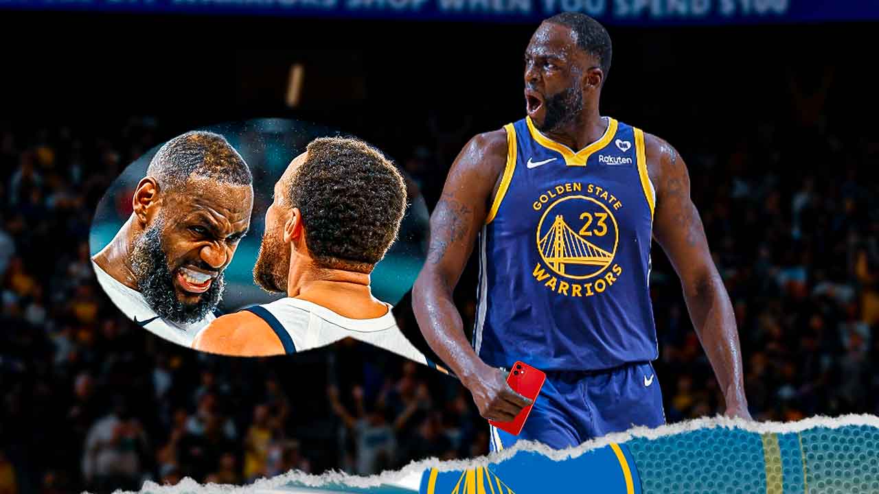 Draymond Green holding a phone with speech bubble containing the faces of LeBron James and Stephen Curry