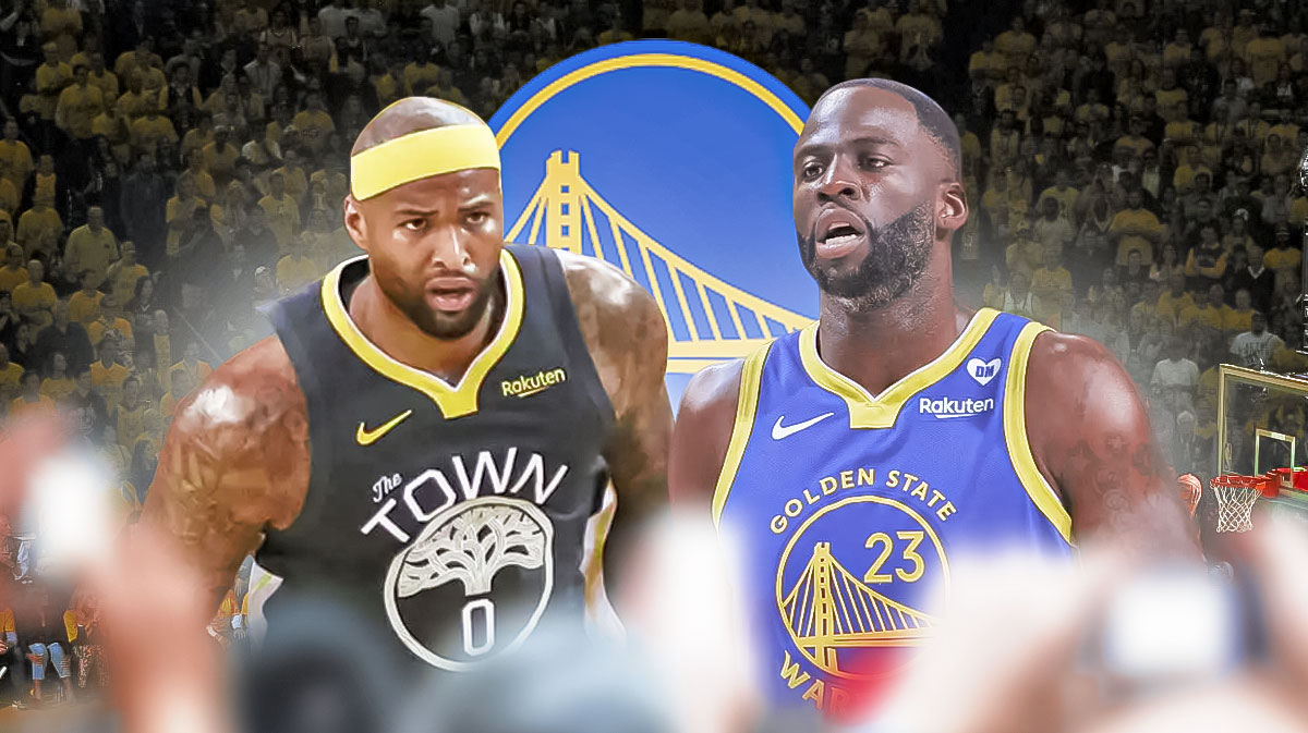 Draymond Green is angry next to an angry DeMarcus Cousin on a basketball floor, staring at one another with the Golden State Warriors logo in the background