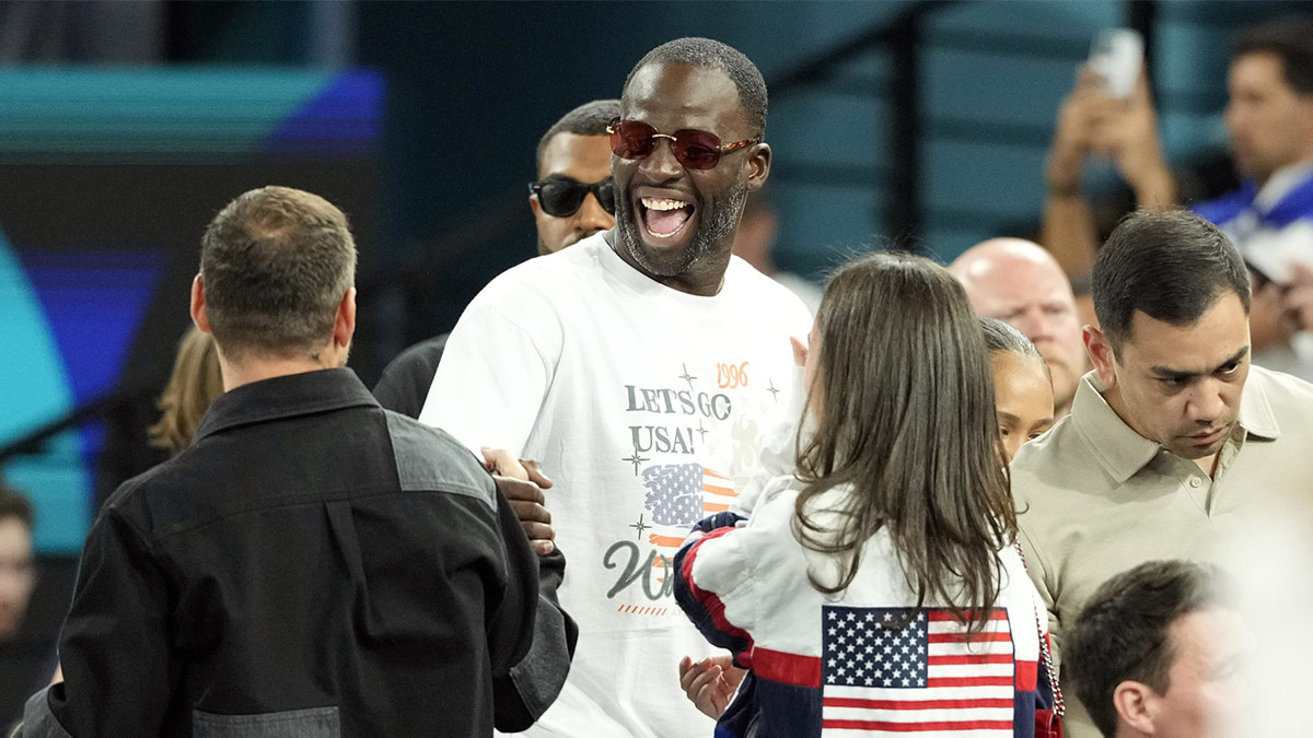 Draymond Green looks on in the first half in the men's basketball gold medal game during the Paris 2024 Olympic Summer Games at Accor Arena.