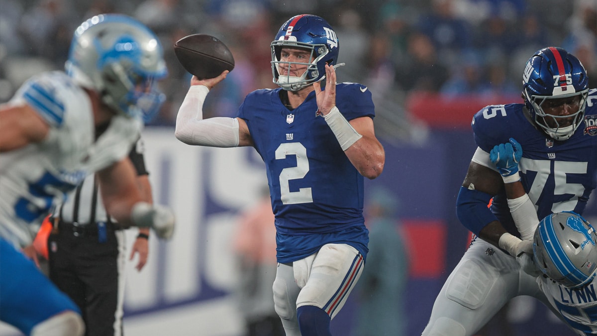 New York Giants quarterback Drew Lock (2) throws the ball during the first half against the Detroit Lions at MetLife Stadium.