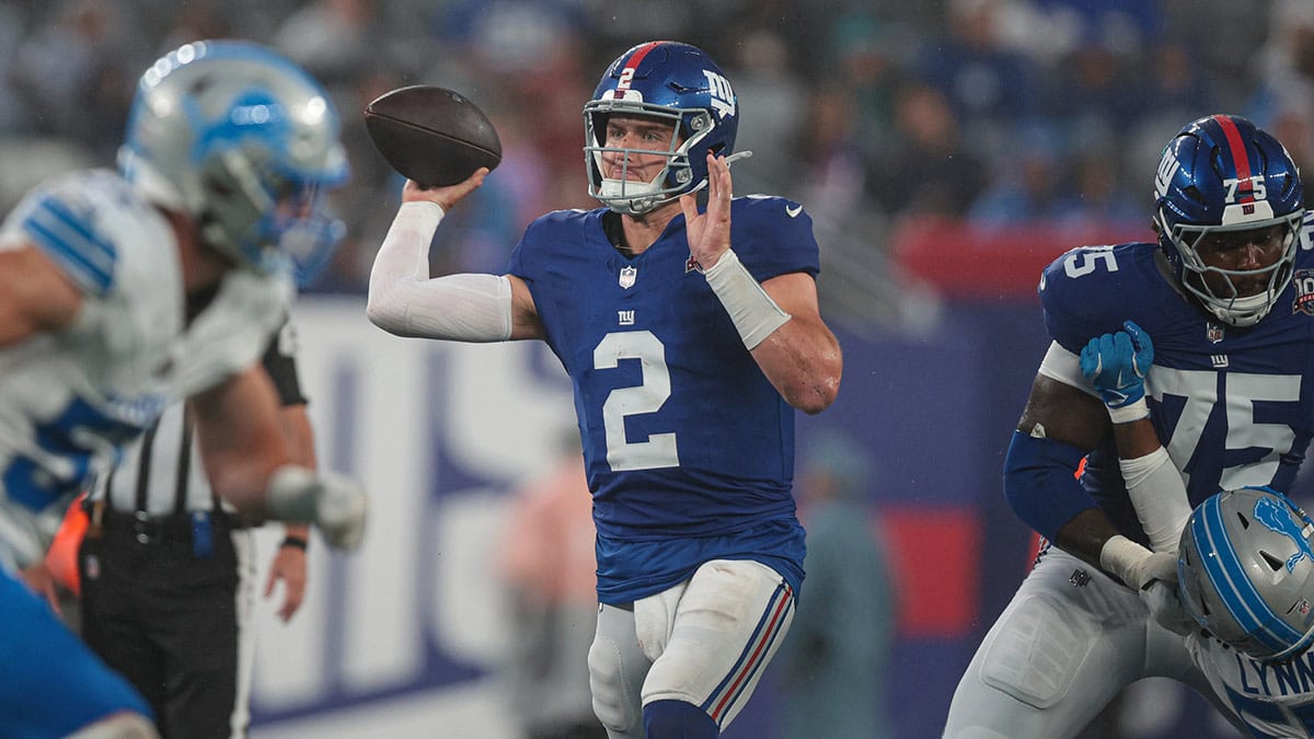 New York Giants quarterback Drew Lock (2) throws the ball during the first half against the Detroit Lions at MetLife Stadium. 