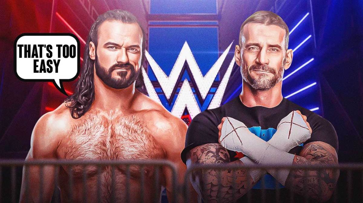 Drew McIntyre with a text bubble reading "That's too easy" next to CM Punk with the WWE logo as the background.