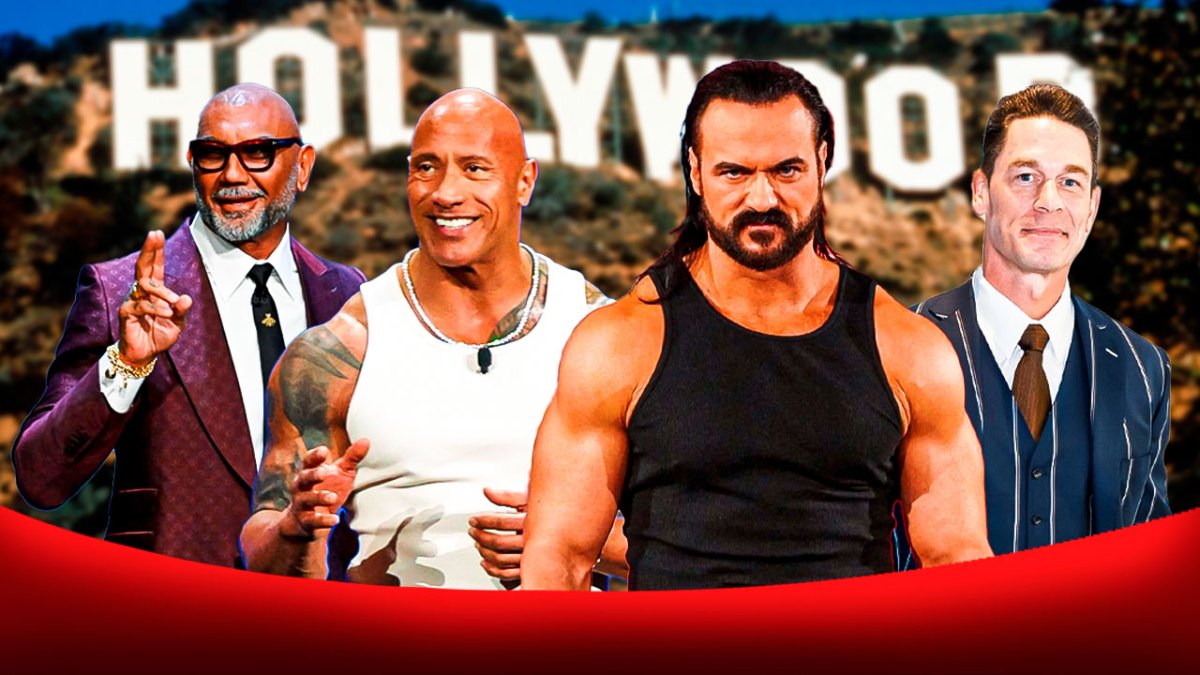 WWE stars turned actors Dave Bautista, Dwayne The Rock Johnson, and John Cena with Drew McIntyre in middle with Hollywood sign.