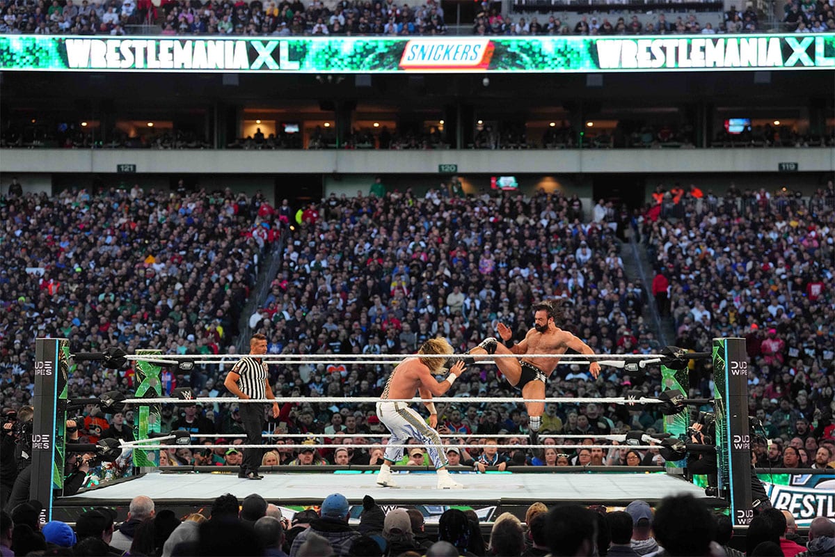 Drew McIntyre hitting the Claymore kick on Seth Rollins at WrestleMania XL Night 2.