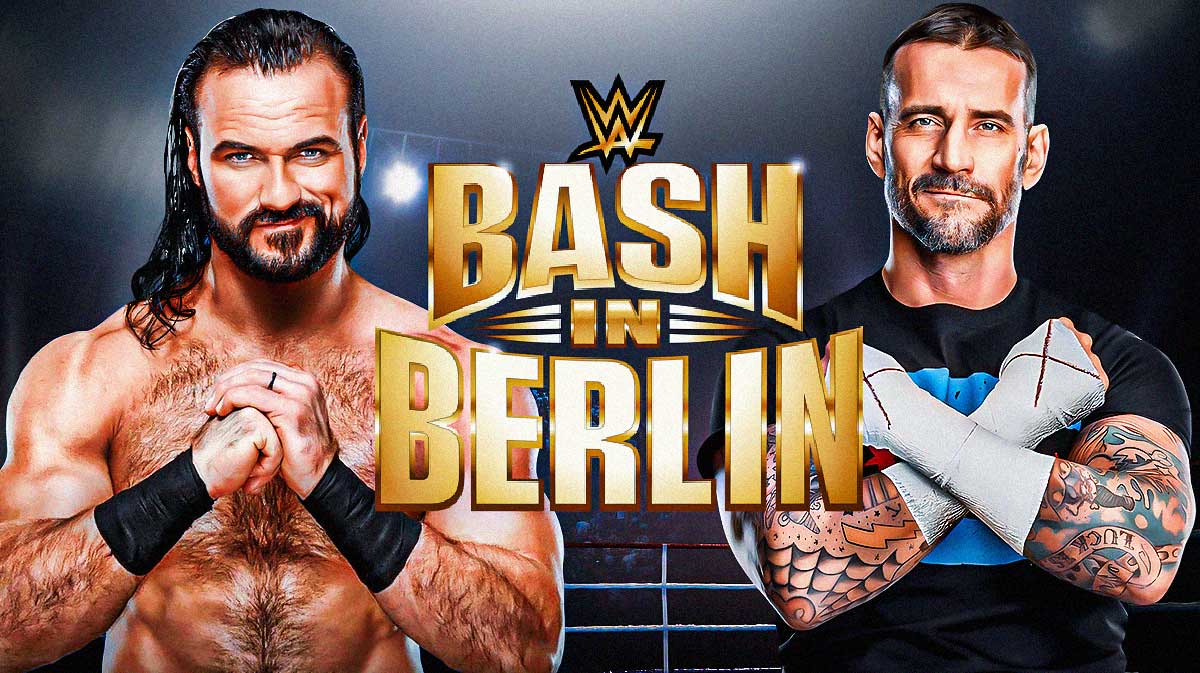 Drew McIntyre and CM Punk with WWE Bash in Berlin logo.