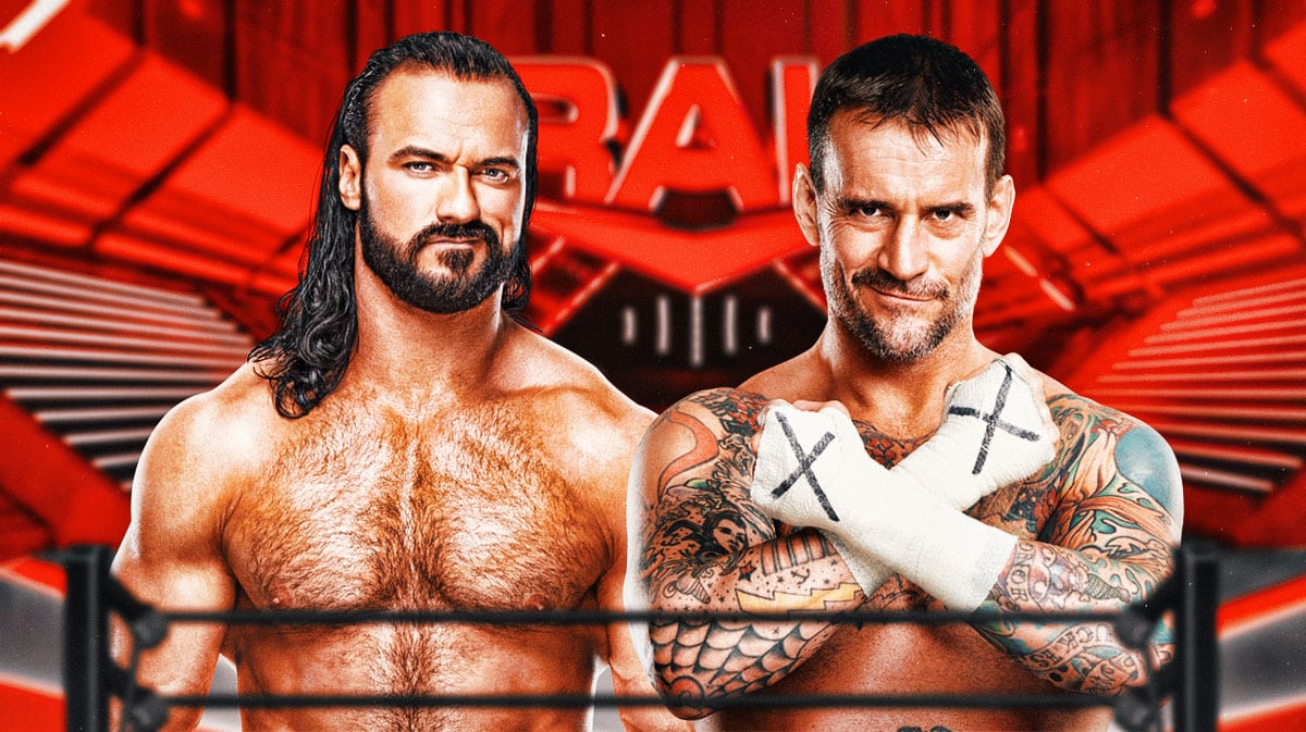 WWE Raw logo in background, Drew McIntyre and CM Punk.