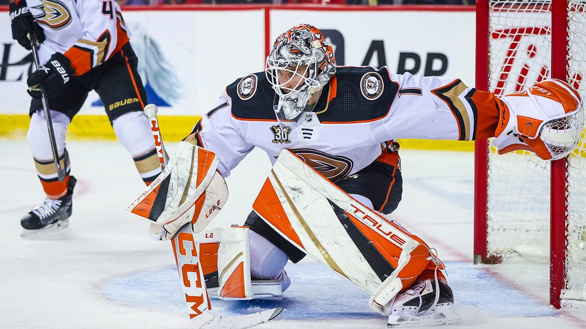 Anaheim Ducks goaltender Lukas Dostal (1) guards his net against the Calgary Flames during the third period at Scotiabank Saddledome.