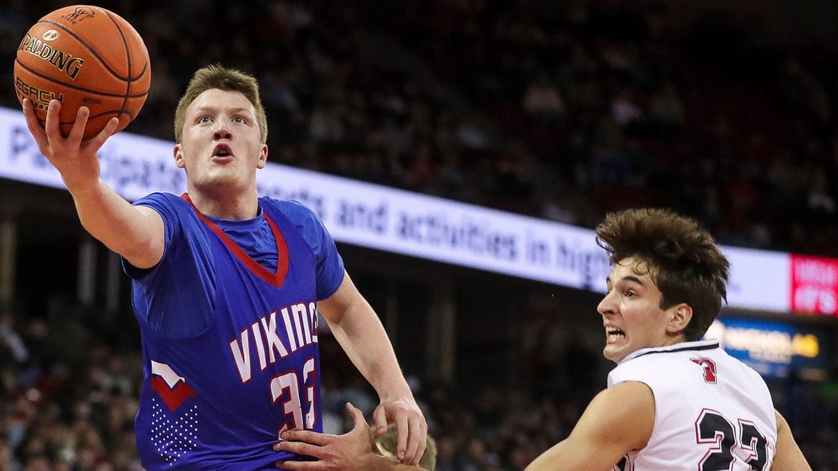 Wisconsin Lutheran High School's Kon Knueppel (33), who will join Cooper Flag as part of Duke basketball, goes up for a layup against Pewaukee High School in the Division 2 state championship game during the WIAA state boys basketball tournament on Saturday, March 16, 2024 at the Kohl Center in Madison, Wis. NETWORK-Wisconsin