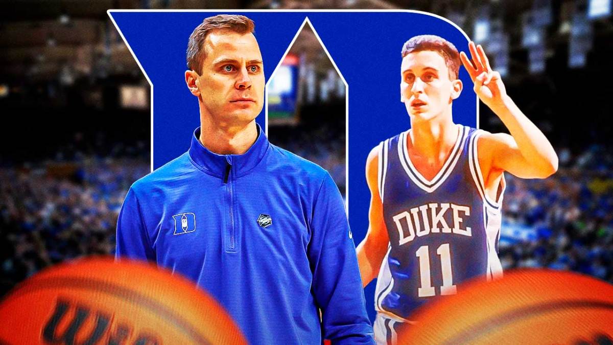 Duke basketball head coach Jon Scheyer next Duke icon Bobby Hurley with a Duke logo in the background