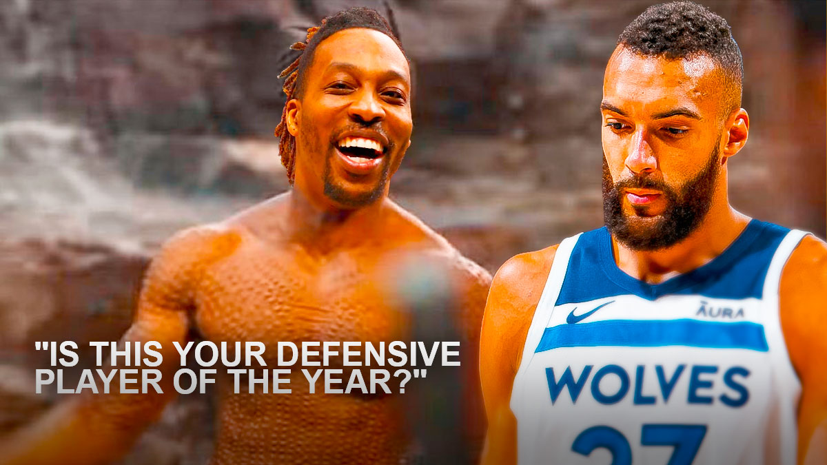 Dwight Howard as Killmonger from Black Panther, "IS THIS YOUR DEFENSIVE PLAYER OF THE YEAR?" while looking at Timberwolves' Rudy Gobert