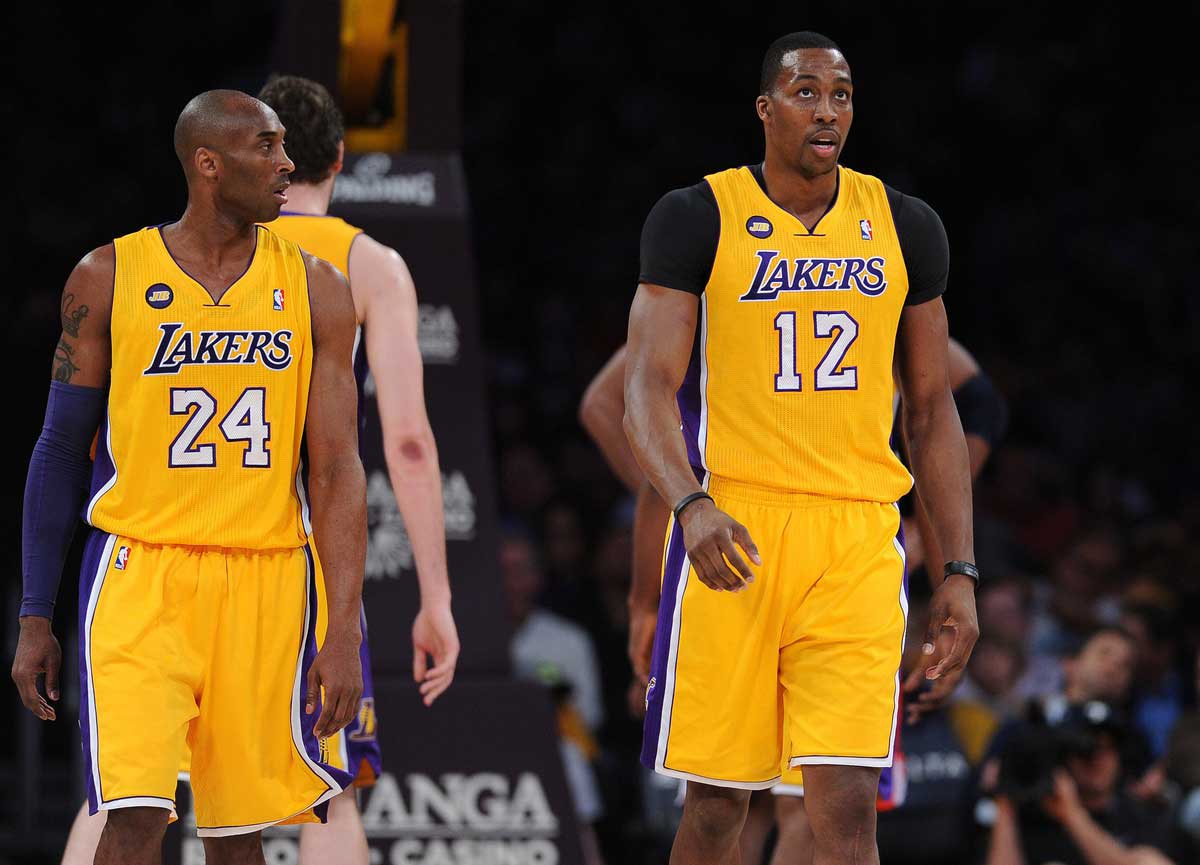 Los Angeles Lakers shooting guard Kobe Bryant (24) and center Dwight Howard (12) in the first half of the game against the Washington Wizards at the Staples Center. 