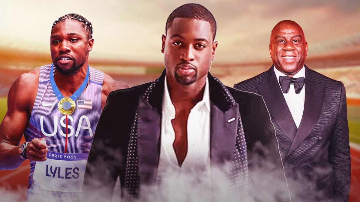 Noah Lyles in Team USA track and field gear with a gold medal around his neck, Dwyane Wade in a suit in the middle, and Magic Johnson in a suit on the right, with a track and field background.