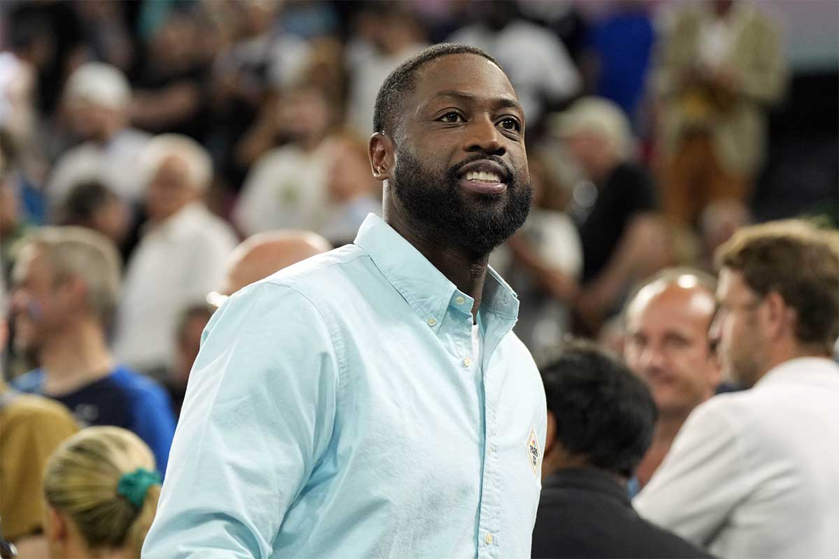 Dwyane Wade looks on at halftime between France and Canada in a men’s basketball quarterfinal game during the Paris 2024 Olympic Summer Games at Accor Arena. 