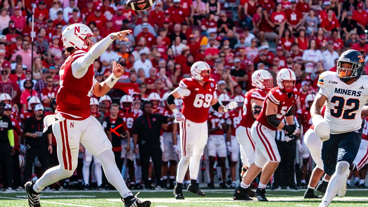 Nebraska football quarterback Dylan Raiola (15) throws a pass against the UTEP Miners during the third quarter at Memorial Stadium