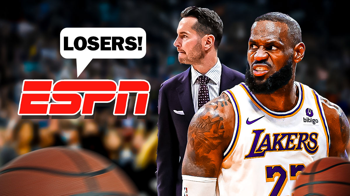 ESPN logo with speech bubble saying "Losers!" to glum-looking LeBron James and JJ Redick