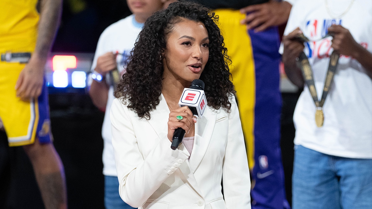 ESPN reporter Malika Andrews after the in-season tournament championship between the Los Angeles Lakers and the Indiana Pacers at T-Mobile Arena.