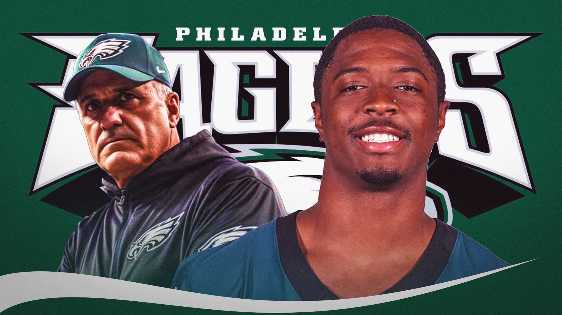 Quinyon Mitchell next to Vic Fangio in front of an Eagles motif.