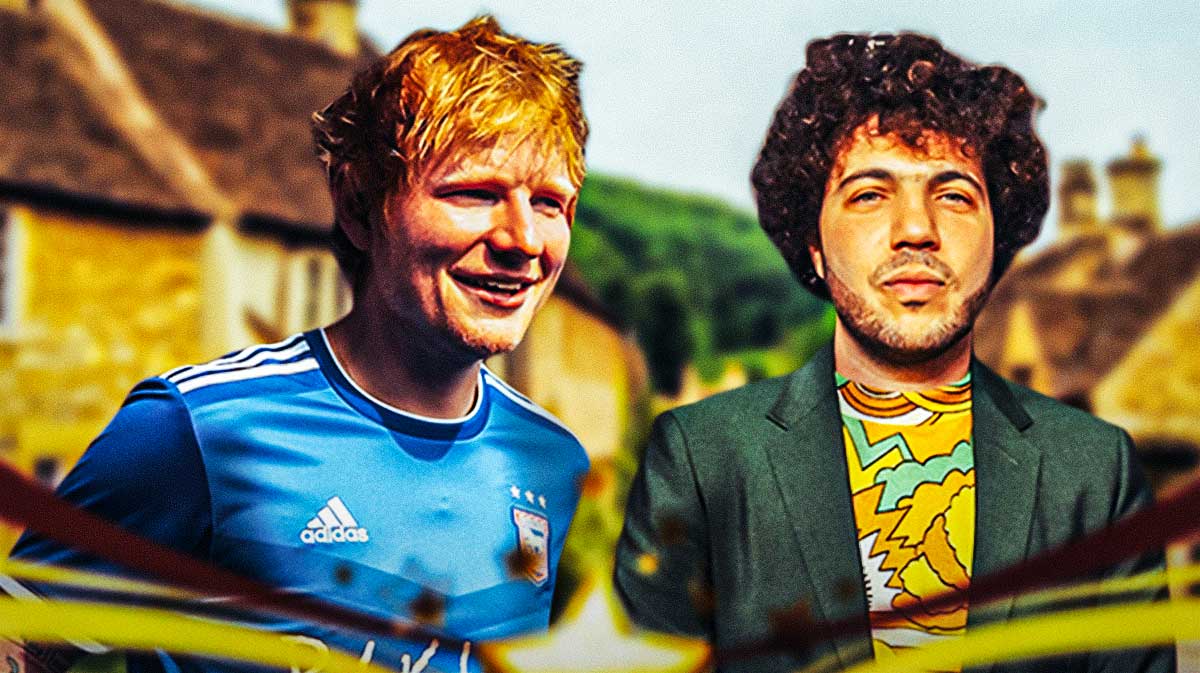 Ed Sheeran and Benny Blanco with England countryside background.
