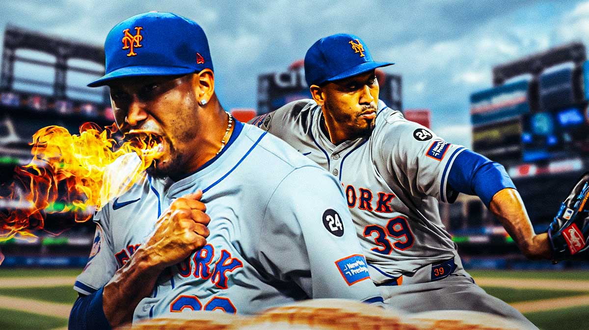 Edwin Diaz in a New York Mets uniform shouting with fire / flames shooting out of his mouth as Diaz had a fiery message for Oakland pitcher Austin Adams who mocked the Mets celebration.