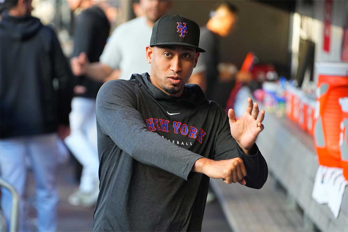 Jul 10, 2024; New York City, New York, USA; New York Mets pitcher Edwin Diaz (39) prior to the game against the Washington Nationals at Citi Field. 