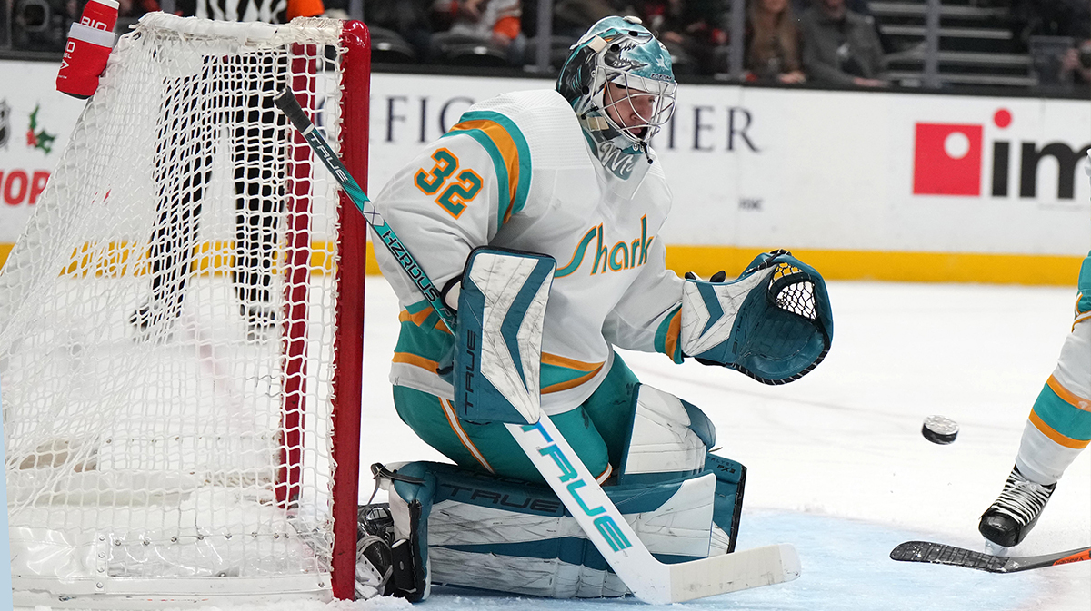 San Jose Sharks goaltender Eetu Makiniemi (32) makes a save against the Anaheim Ducks in the third period at Honda Center.