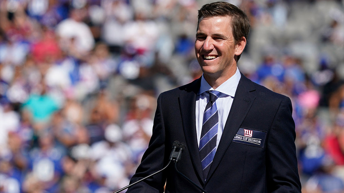 Eli Manning being honored during halftime of Giants' game against the Falcons on September 26, 2021.