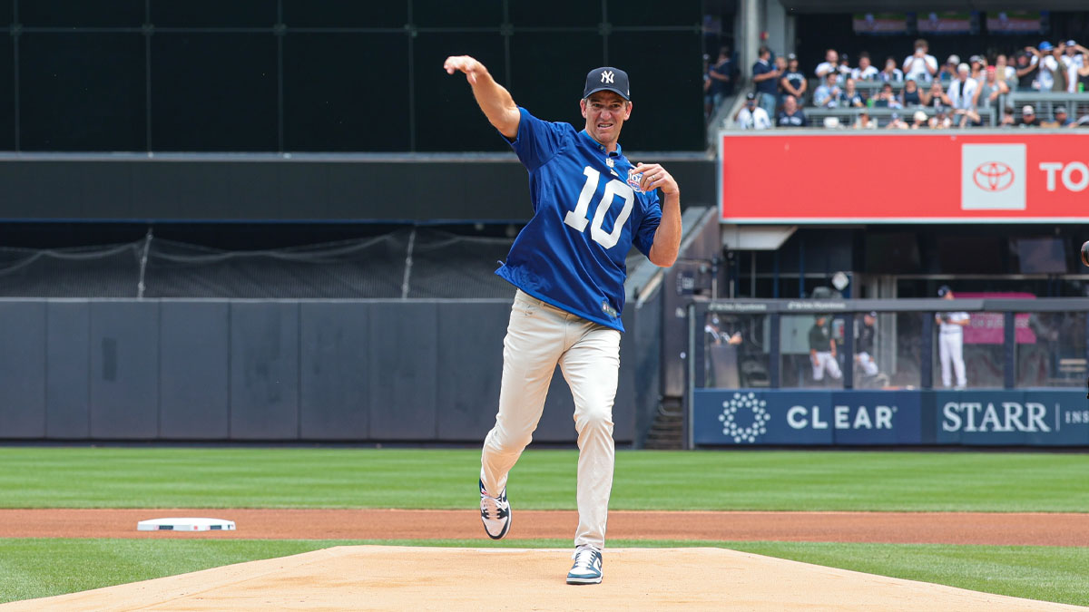 Eli Manning throwing out the first pitch at Yankees game on August 4, 2024.