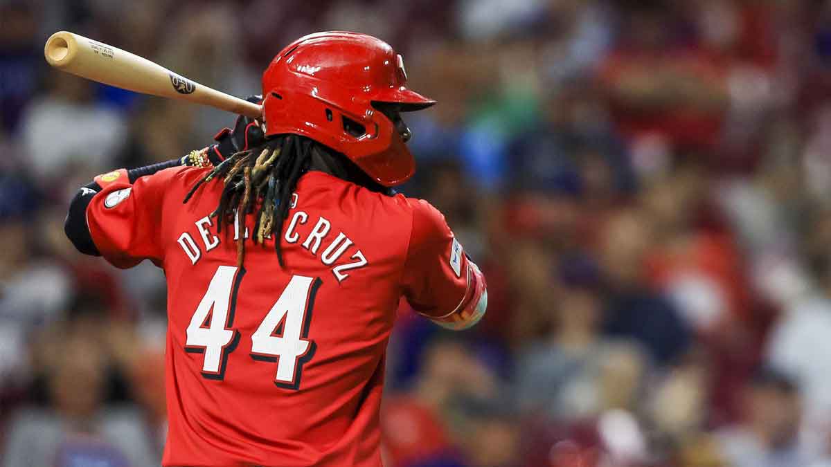 Jul 31, 2024; Cincinnati, Ohio, USA; Cincinnati Reds shortstop Elly De La Cruz (44) at bat in the eighth inning against the Chicago Cubs at Great American Ball Park. 