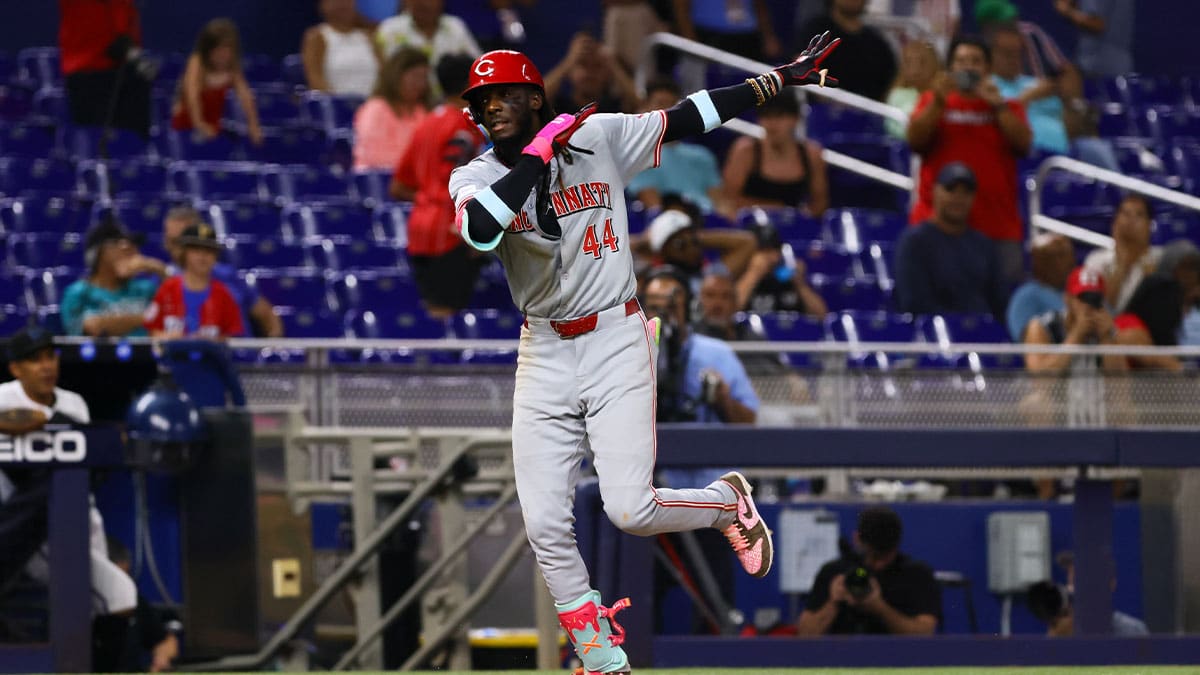 Aug 5, 2024; Miami, Florida, USA; Cincinnati Reds shortstop Elly De La Cruz (44) reacts as hi runs toward home plate after hitting a solo home run against the Miami Marlins during the eighth inning at loanDepot Park. 