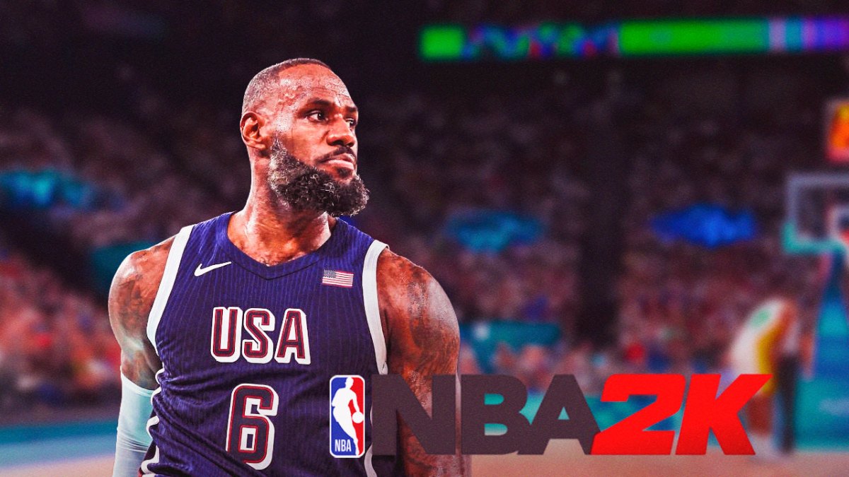 LeBron James in Team USA uniform looking embarrassed beside the NBA 2K logo