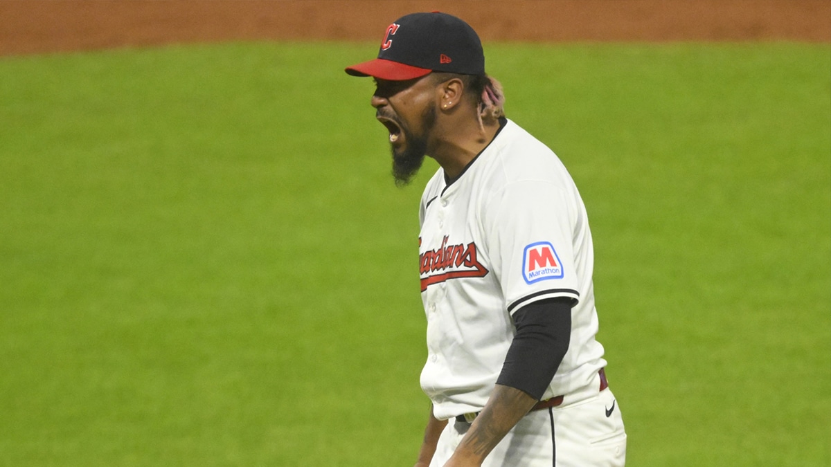 Cleveland Guardians relief pitcher Emmanuel Clase (48) celebrates a win against the Chicago Cubs at Progressive Field. 