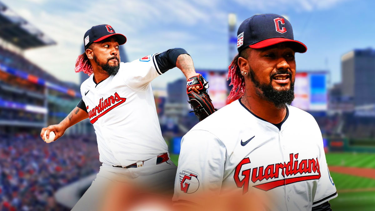 Guardians Emmanuel Clase smiling in front. In background, Guardians Emmanuel Clase pitching a baseball at Progressive Field.