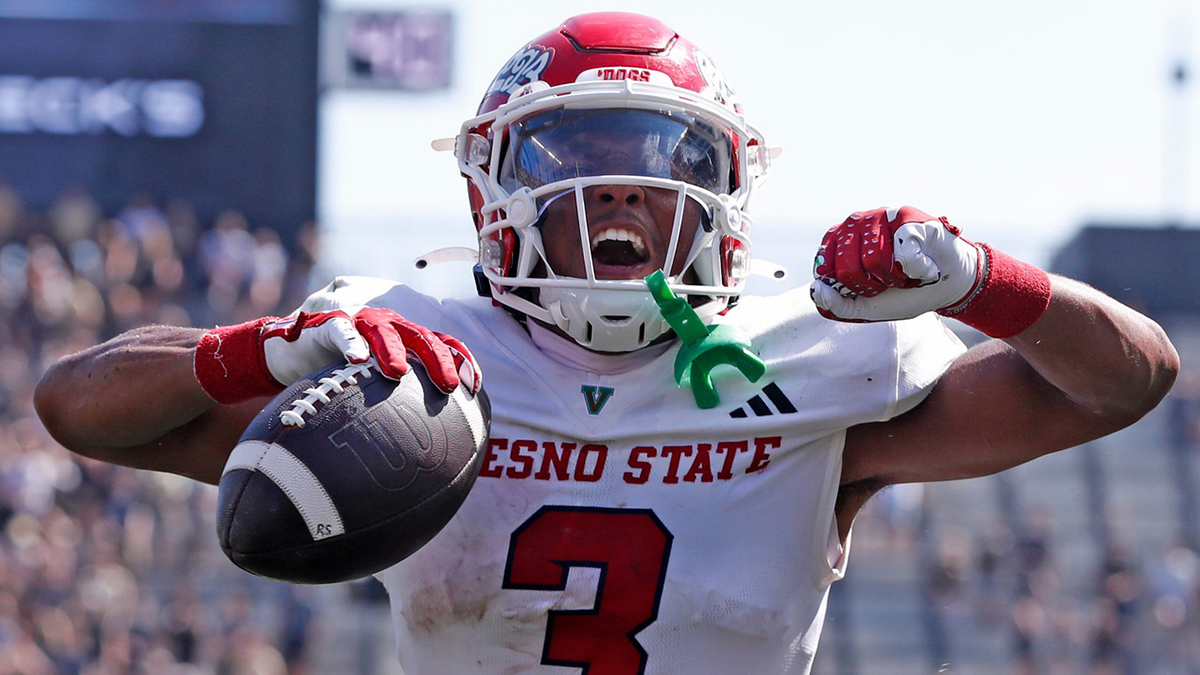 Fresno State Bulldogs wide receiver Erik Brooks (3) celebrates after scoring a touchdown during the NCAA football game against the Purdue Boilermakers, Saturday, Sept. 2, 2023, at Ross-Ade Stadium in West Lafayette, Ind. Fresno State Bulldogs won 39-35.