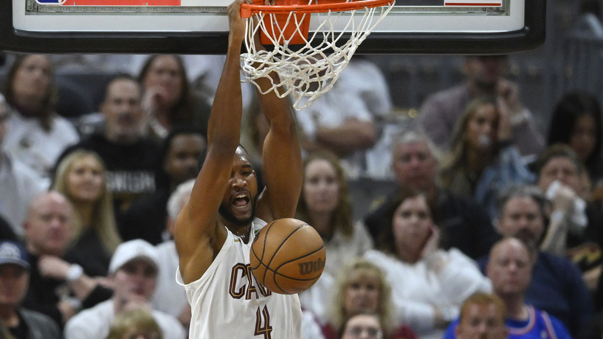 May 11, 2024; Cleveland, Ohio, USA; Cleveland Cavaliers forward Evan Mobley (4) dunks against the Boston Celtics in the fourth quarter of game three of the second round of the 2024 NBA playoffs at Rocket Mortgage FieldHouse.