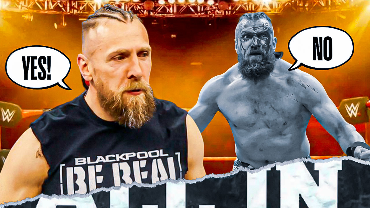 Triumphant Bryan Danielson with a text bubble reading "Yes!" next to an injured Bryan Danielson with a text bubble reading "No!" with the AEW All In logo as the background.
