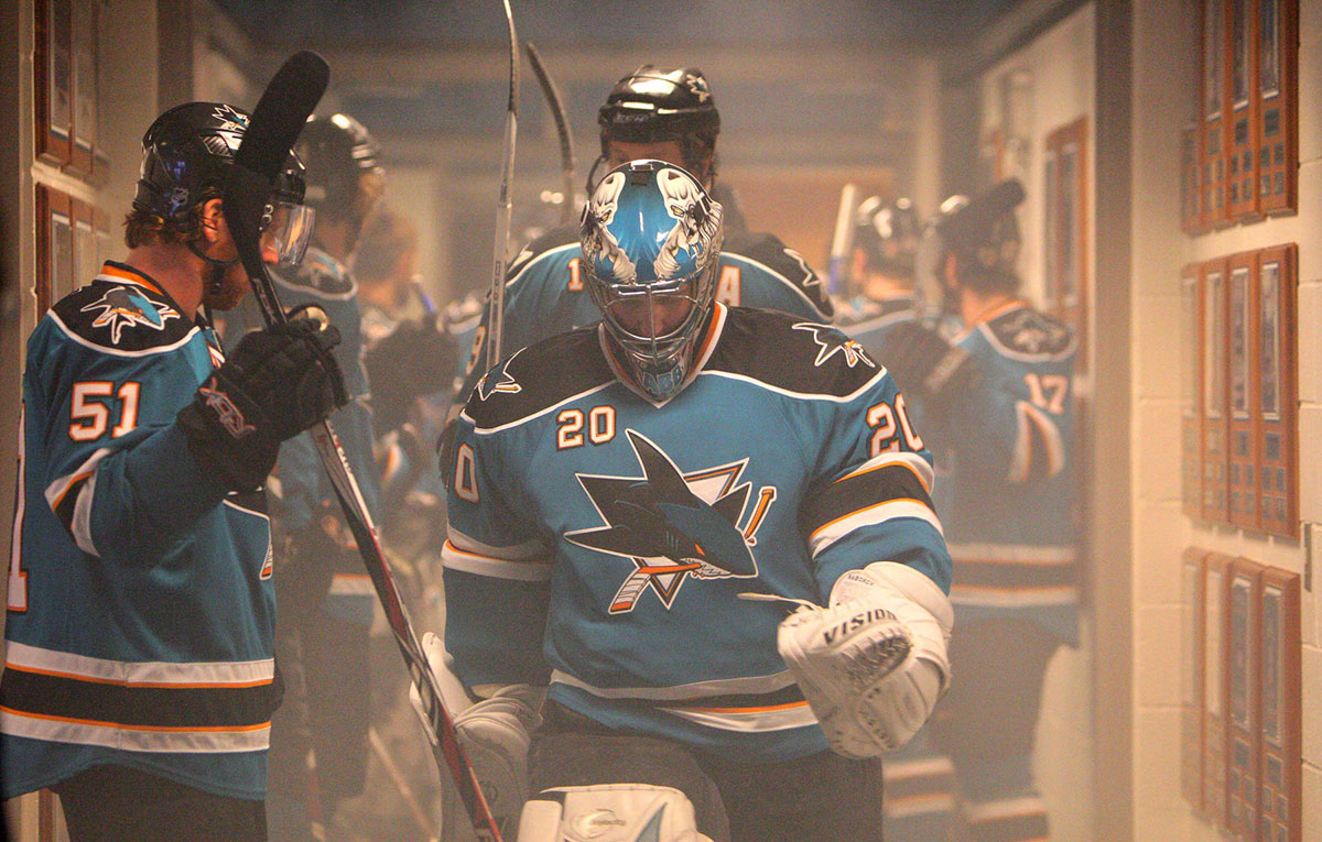 San Jose Sharks goaltender Evgeni Nabokov (20) walks out from the lockerroom before game 1 of the Western Conference Semifinal playoffs against the Dallas Stars at HP Pavilion in San Jose, CA.