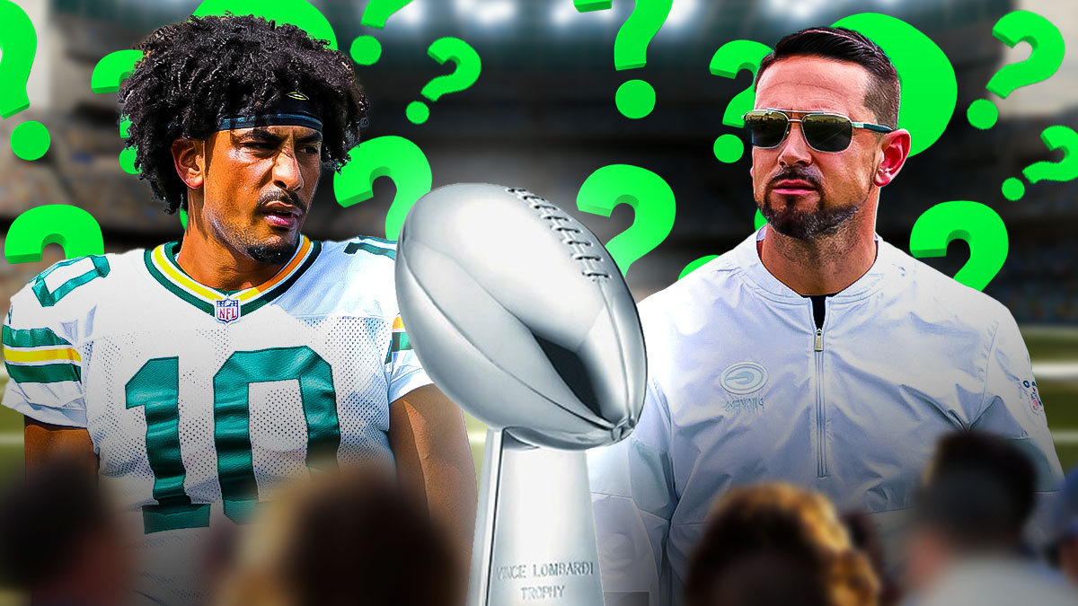 Jordan Love and Matt LaFleur looking at Lombardi Trophy with question marks all around