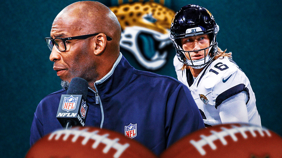NFL analyst Bucky Brooks next to Jaguars quarterback Trevor Lawrence and the Jacksonville Jaguars logo
