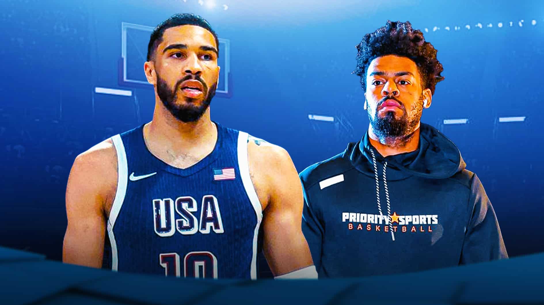 Celtics' Jayson Tatum in Team USA Olympics jersey next to Quinn Cook, Stephen Curry's teammate