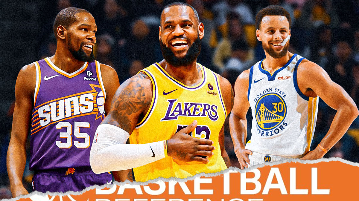 LeBron James, Kevin Durant, and Steph Curry laughing at Basketball Reference logo