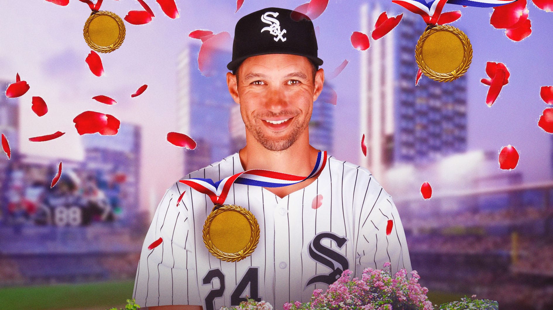 White Sox's Grady Sizemore smiling, with flowers and medals all over him