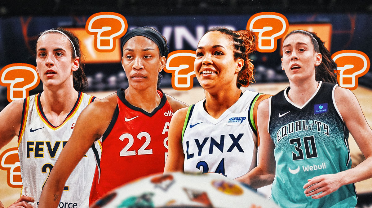 WNBA Indiana Fever player Caitlin Clark, WNBA Las Vegas Aces player A'ja Wilson, WNBA Minnesota Lynx player Napheesa Collier, WNBA New York Liberty player Breanna Stewart, with questions marks all around them