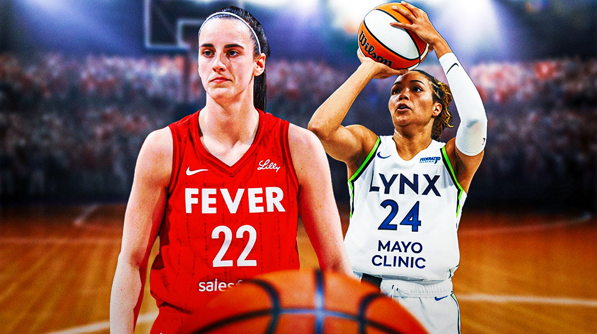 Caitlin Clark and Napheesa Collier on either sides of the graphic. Maybe Caitlin in like a walking stride and Collier shooting a midrange basket