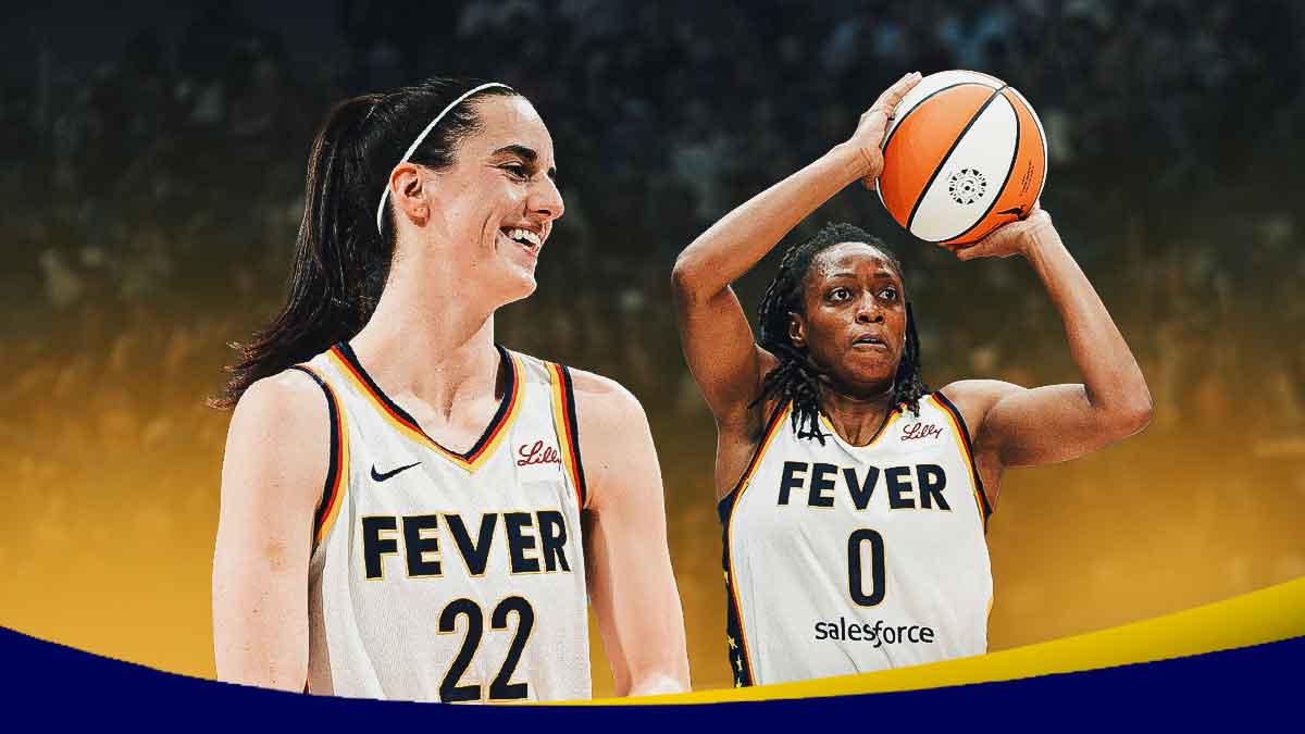 Caitlin Clark smiling and Kelsey Mitchell shooting