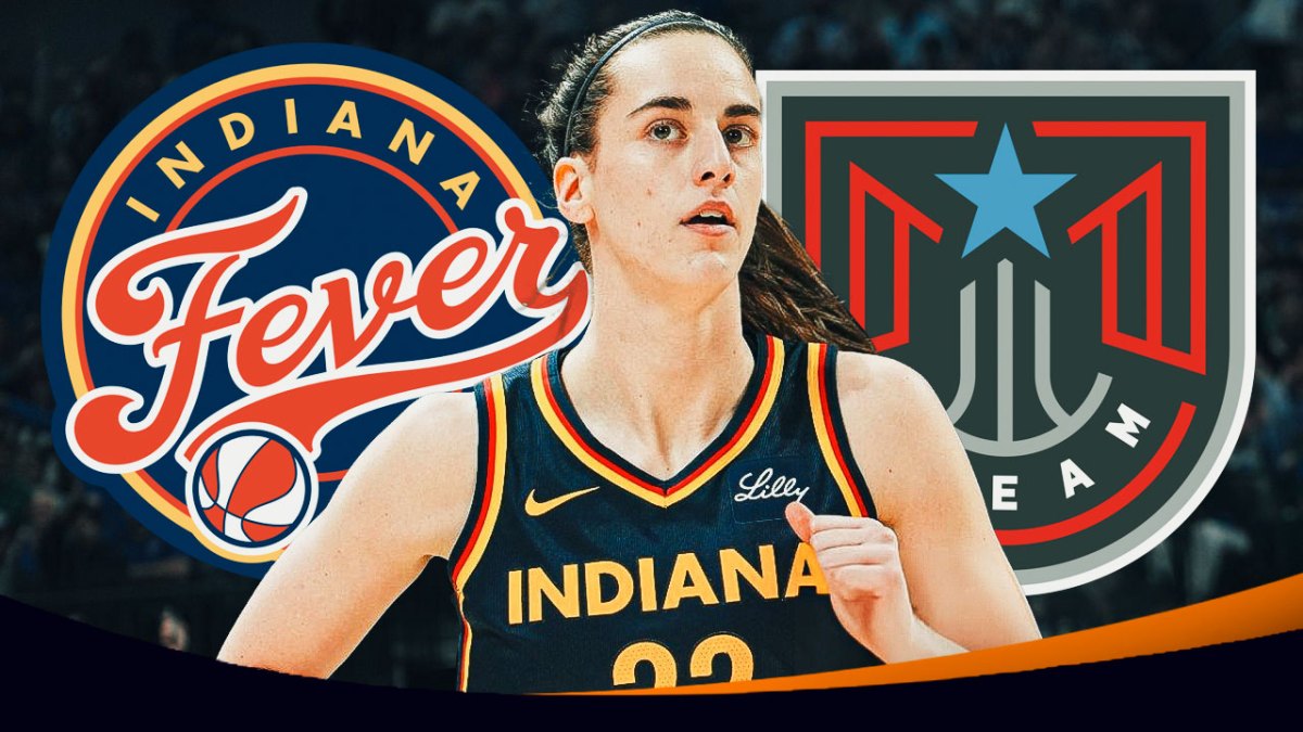 Caitlin Clark in a Fever jersey with the Fever and Dream team logos next to her.