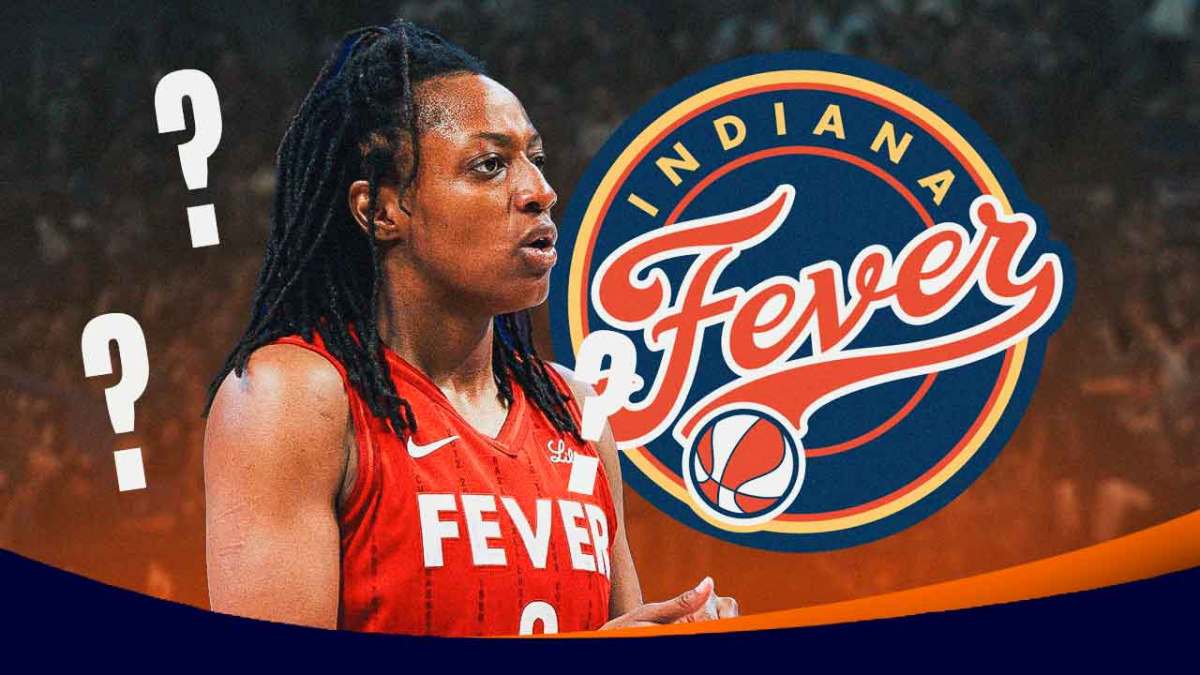 Kelsey Mitchell next to a bunch of question marks and the Fever logo