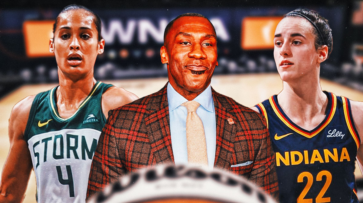 Shannon Sharpe, Skylar Diggins-Smith in a Storm jersey, and Caitlin Clark in a Fever jersey.